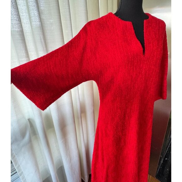 Vintage 70s maxi dress, red kaftan robe, wide flared sleeves, wool blend - Picture 3 of 9